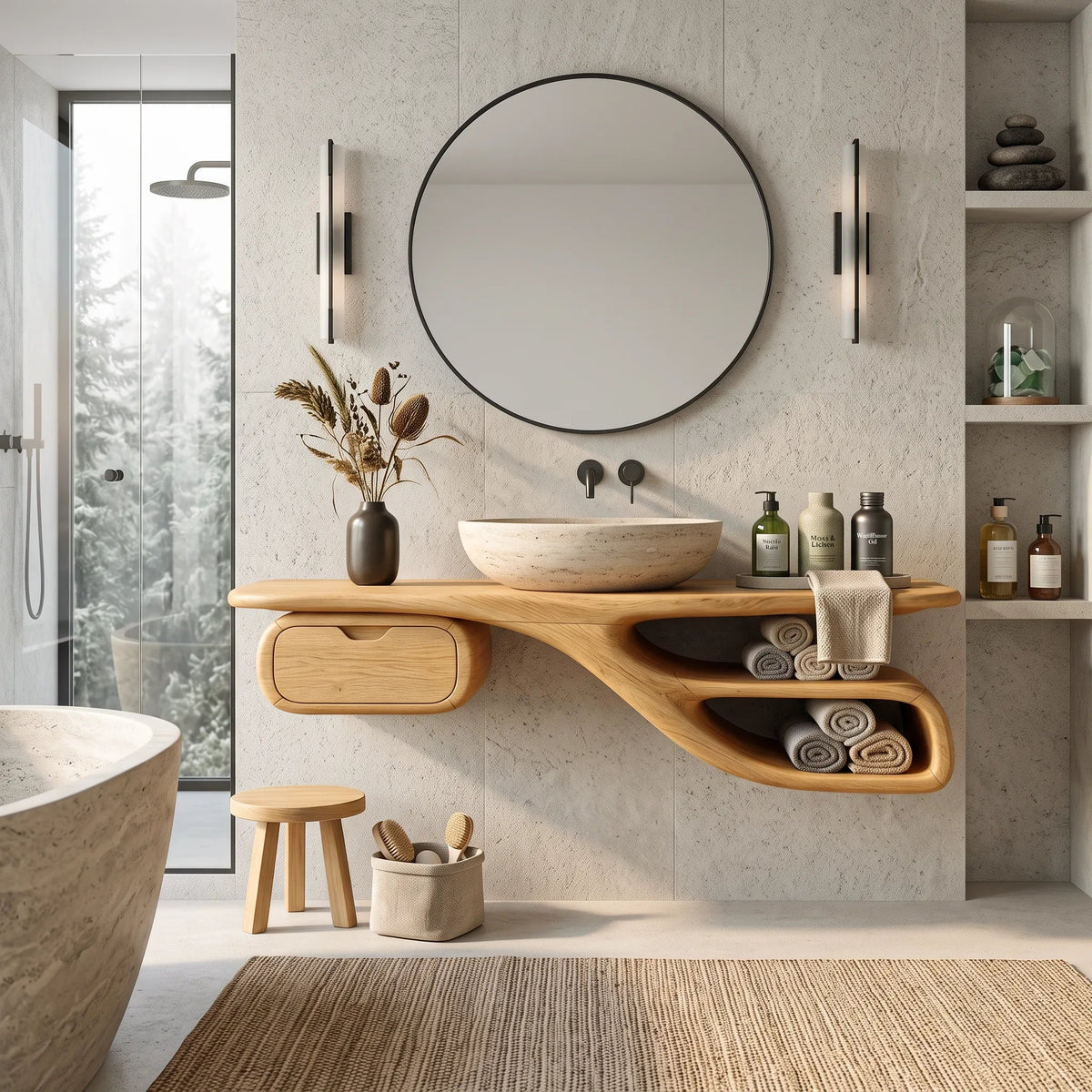Transitional Floating Bathroom Vanity Curved Storage For Modern Bathroom