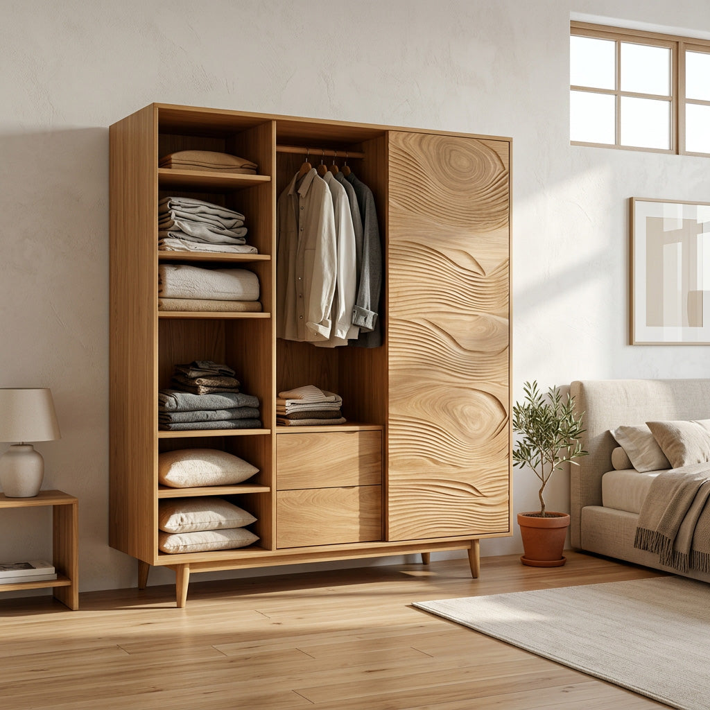 Minimal Wardrobe With Carved Front For Bedroom Space