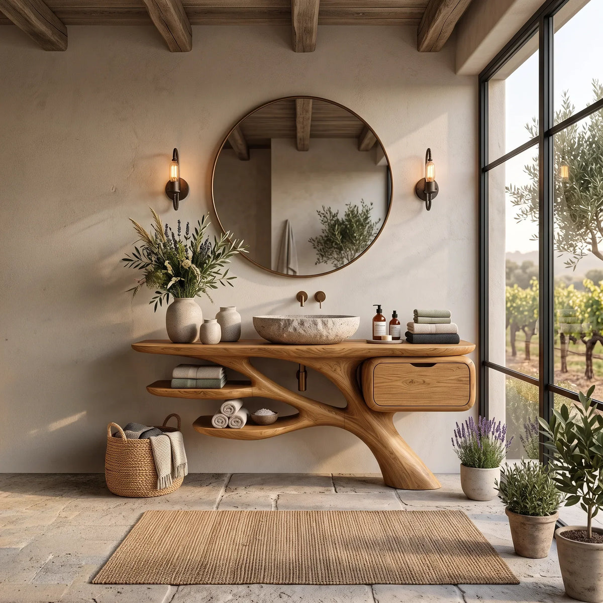 Biophilic Bathroom Vanity Branch Shelves For Luxury Bathroom