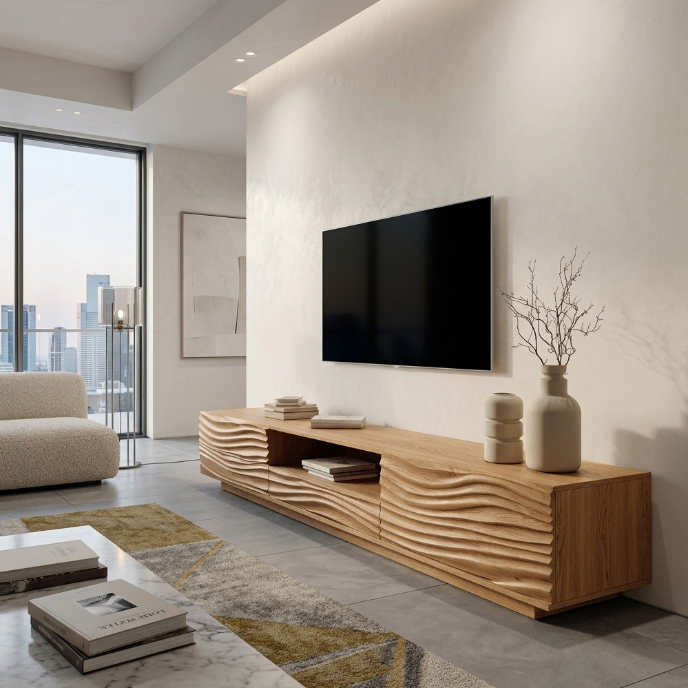 Modern Organic TV Console Sculpted Media Cabinet For Living Room