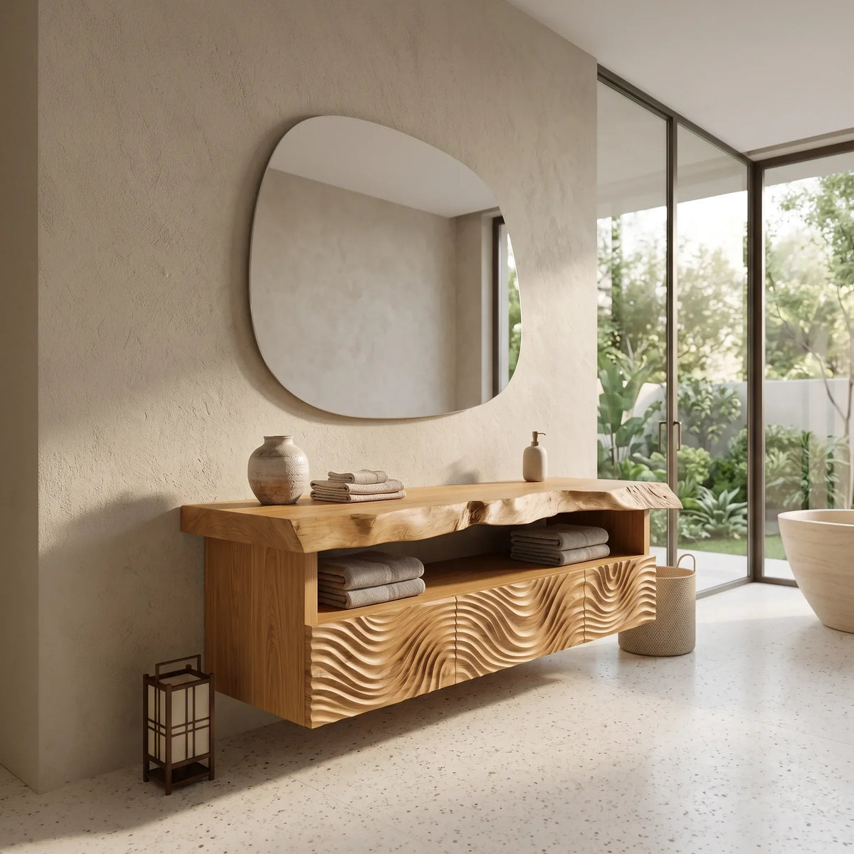 Organic Modern Floating Bathroom Vanity Wave Carved Drawers For Spa