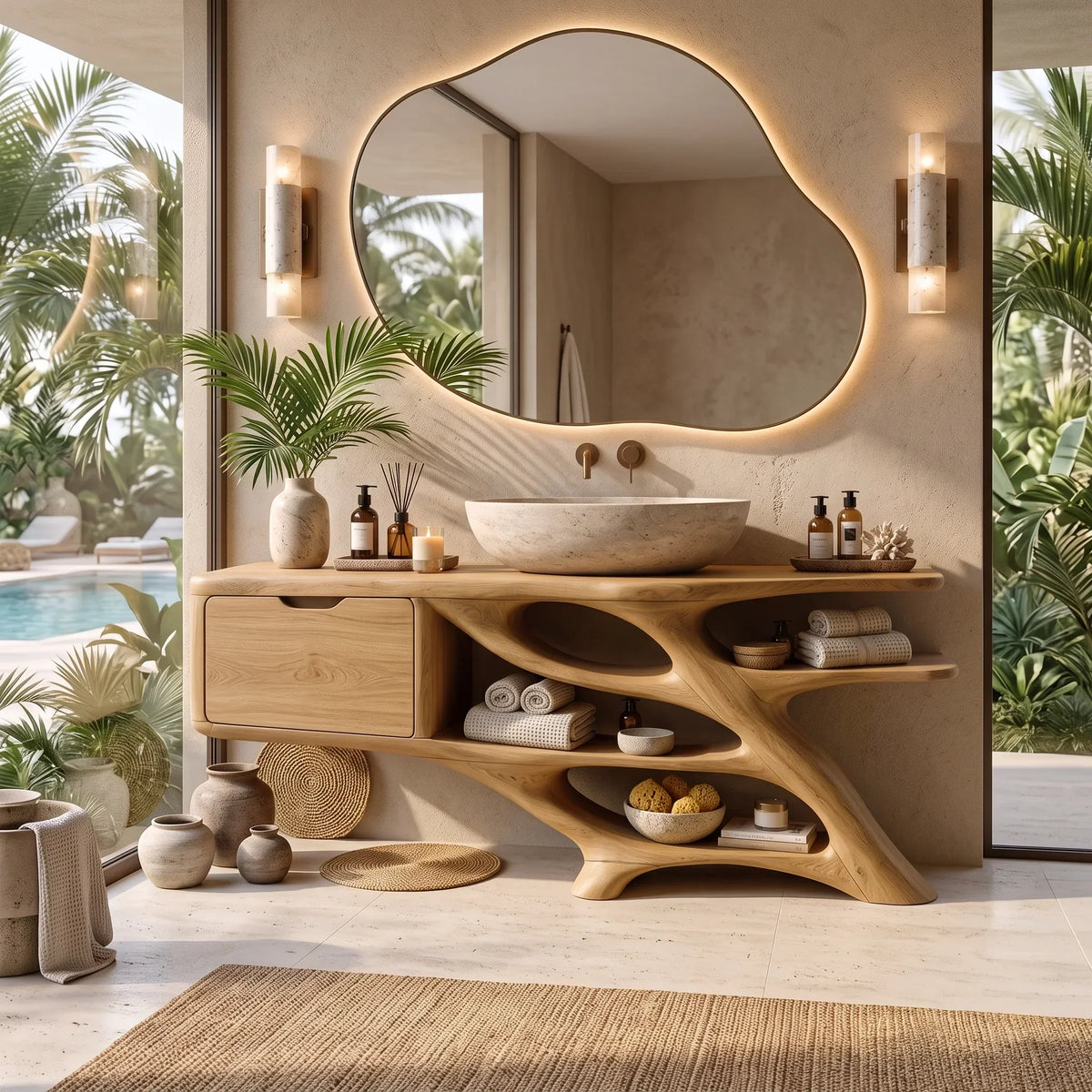Sculptural Bathroom Vanity Branch Shelving With Cabinet For Designer Homes