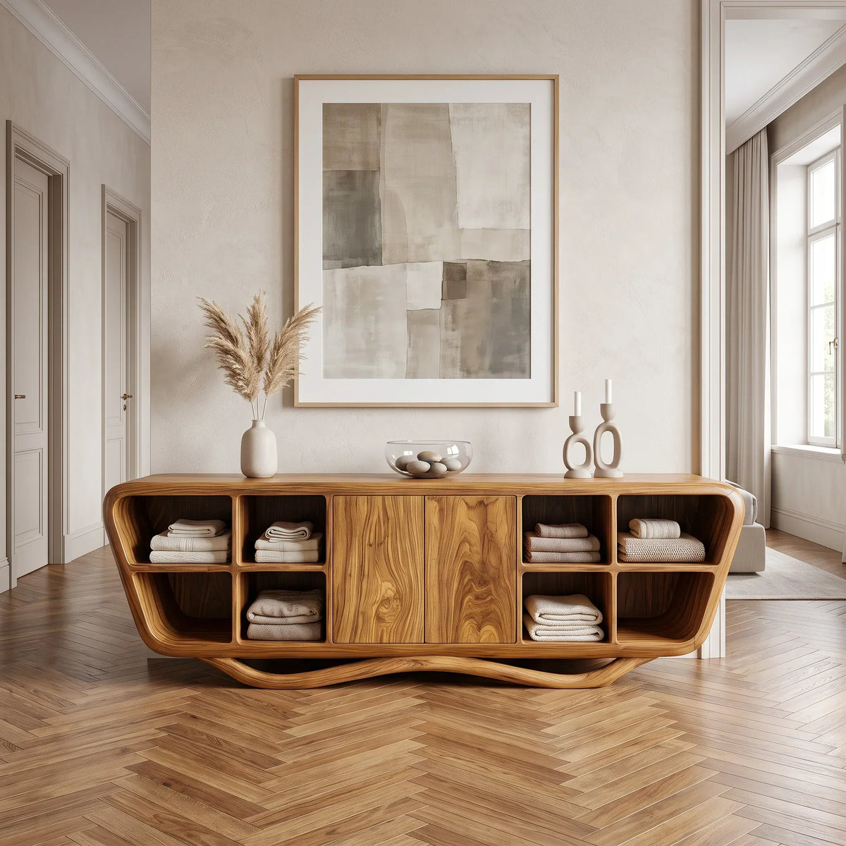 Contemporary Curved Open Shelf Sideboard For Entryway