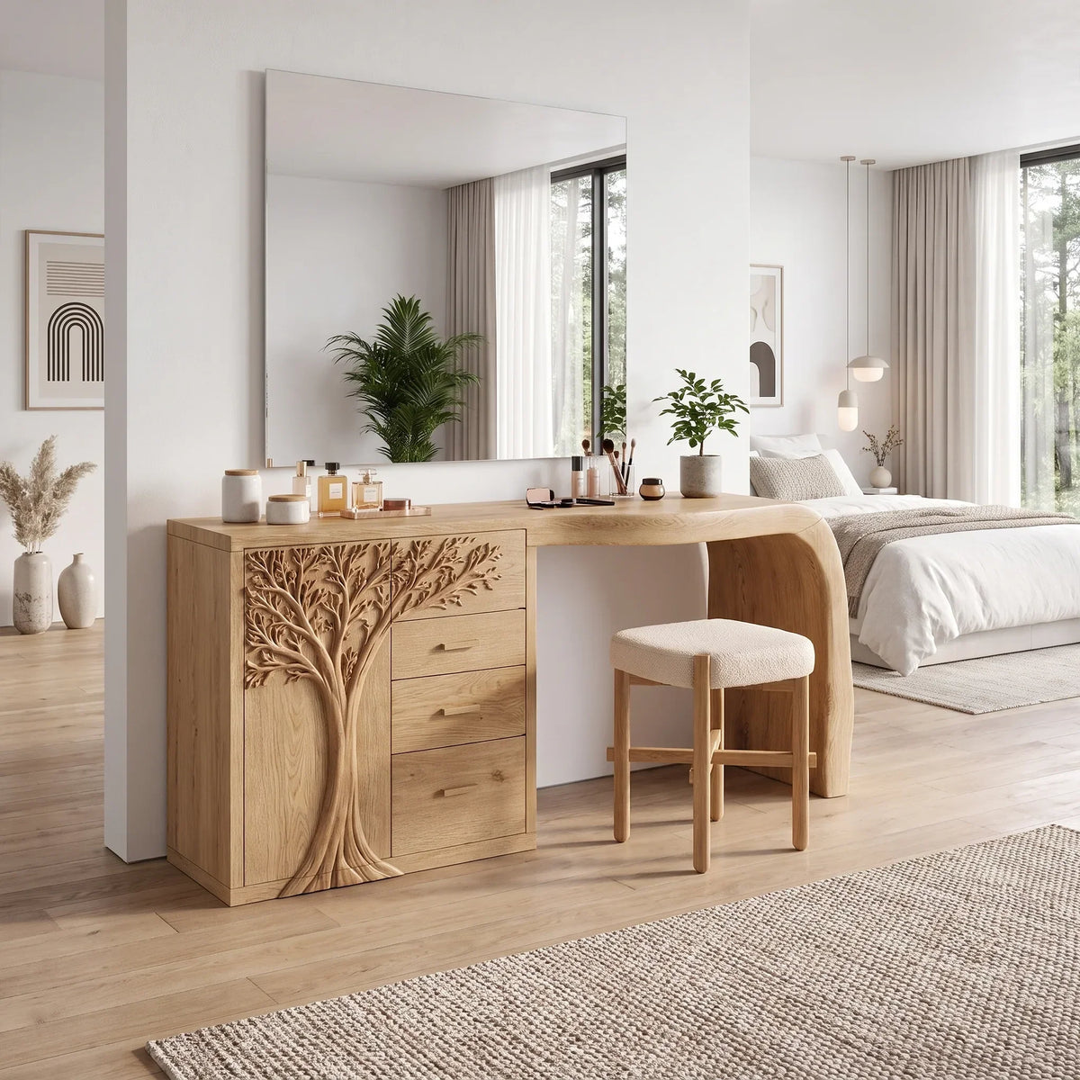 Elegant Makeup Vanity Desk Dressing Table Carved Tree Cabinet For Bedroom