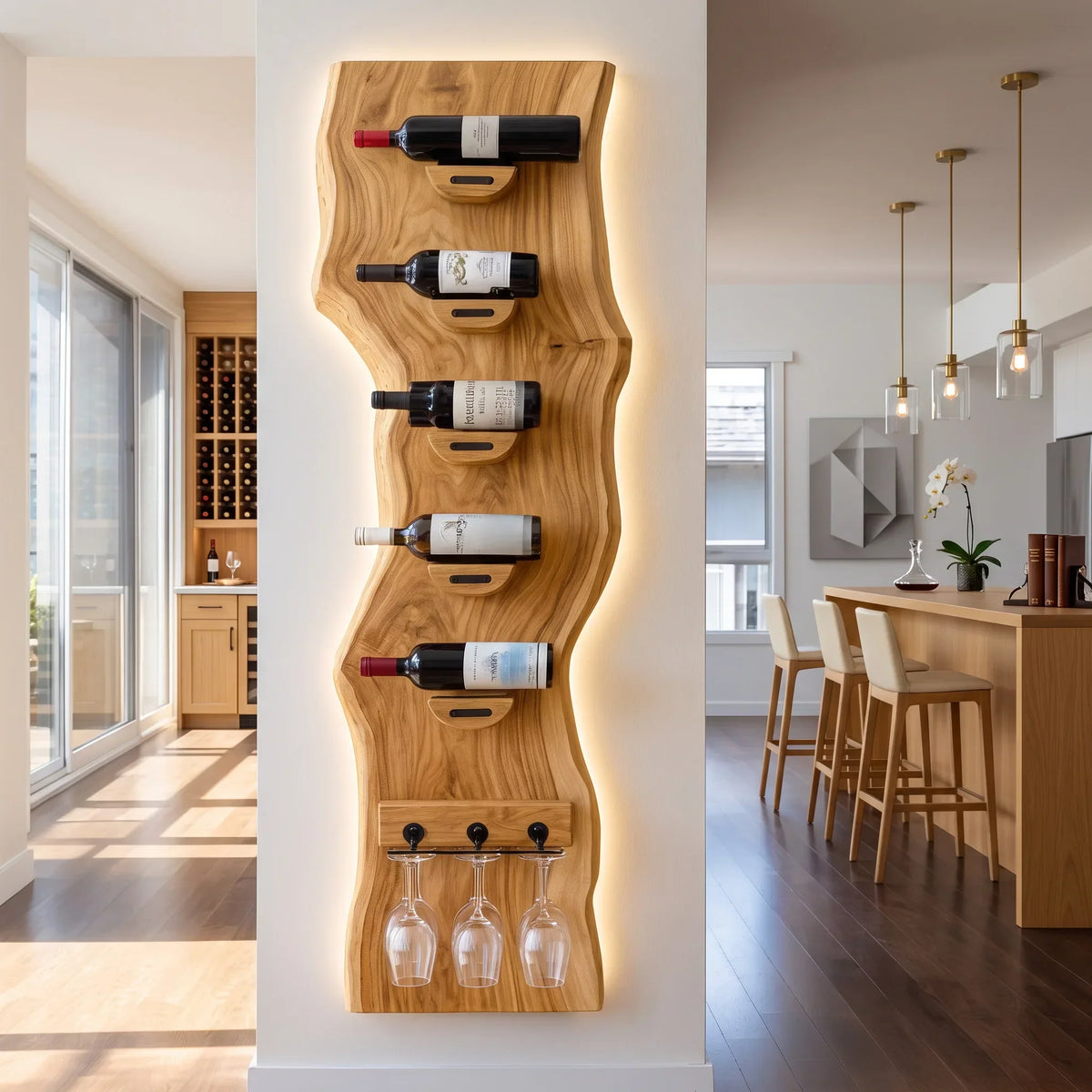 Contemporary Live Edge Wine Rack With Glass Holder For Dining Room