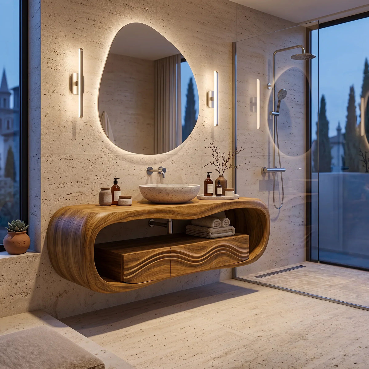 Sculptural Wall Mounted Bathroom Vanity Curved Shelves For Luxury Bathroom