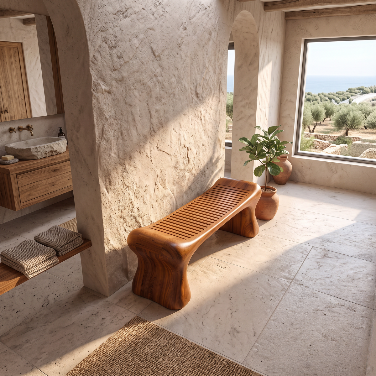 Rustic Wooden Shower Bench With Thick Sculpted Legs For Bathroom