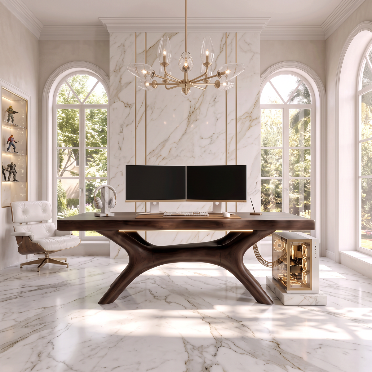 Rustic Dark Office Desk With Sculptural Arch Legs For Home Office