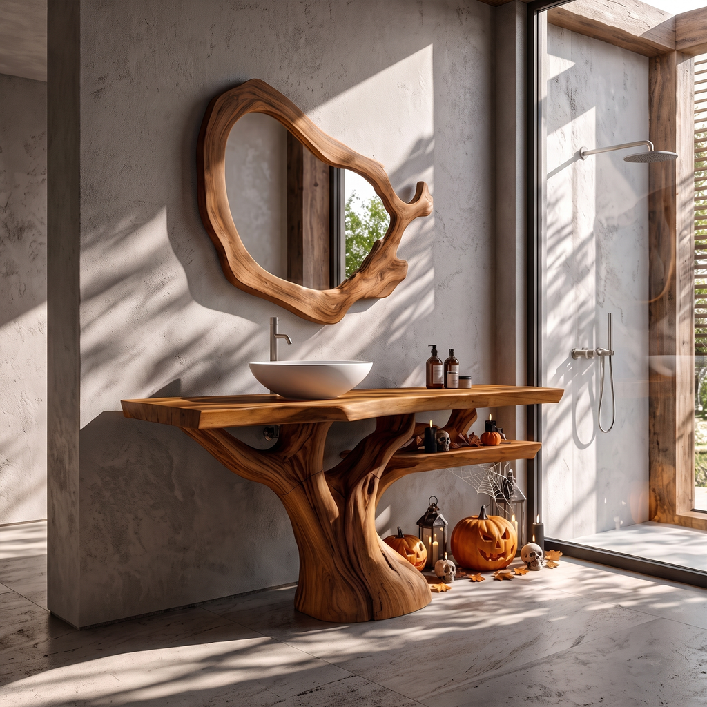 Natural Halloween Solid Wood Bathroom Vanity With Flowing Tree Form For Bathroom