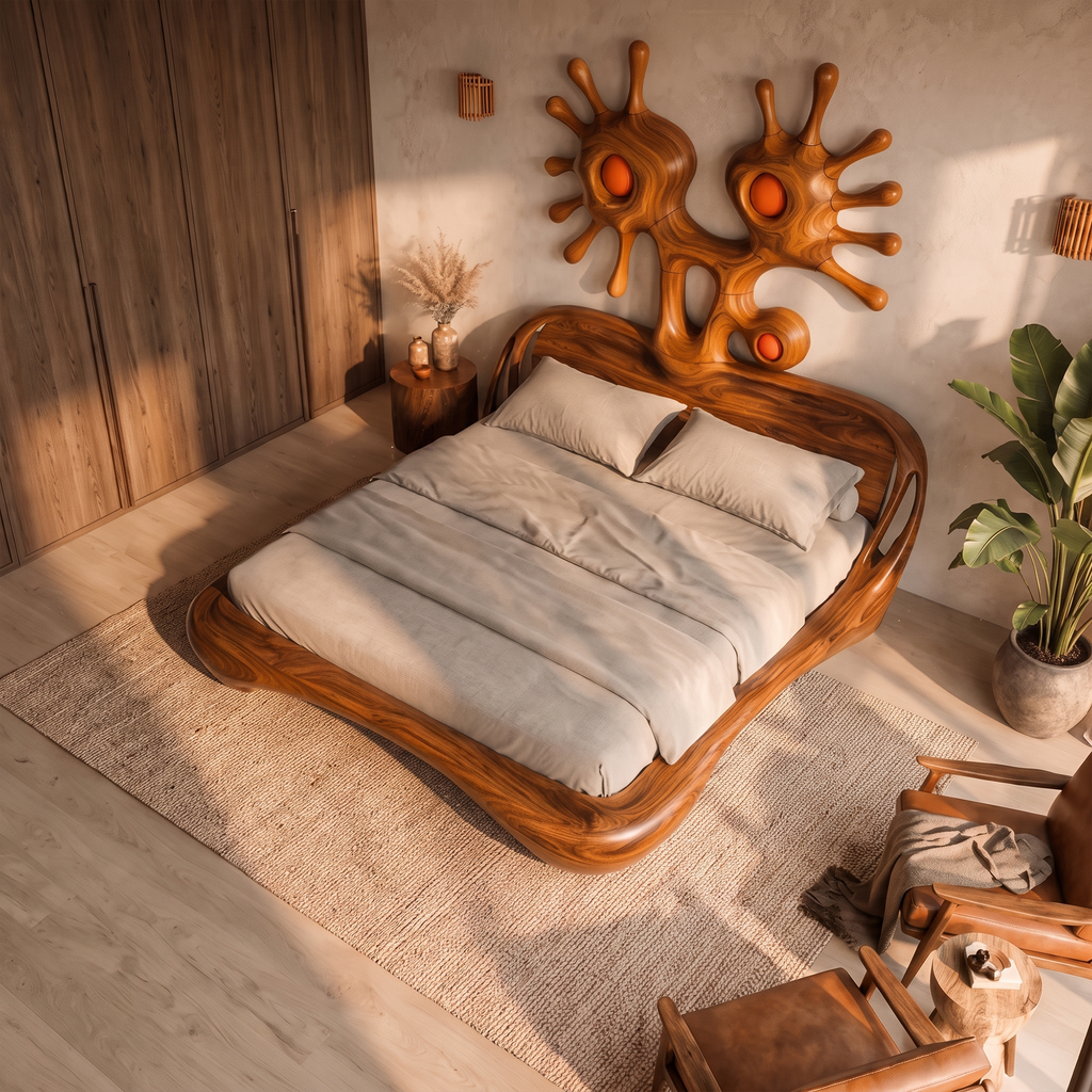 Modern Bed Frame With Sculptural Abstract Headboard For Bedroom