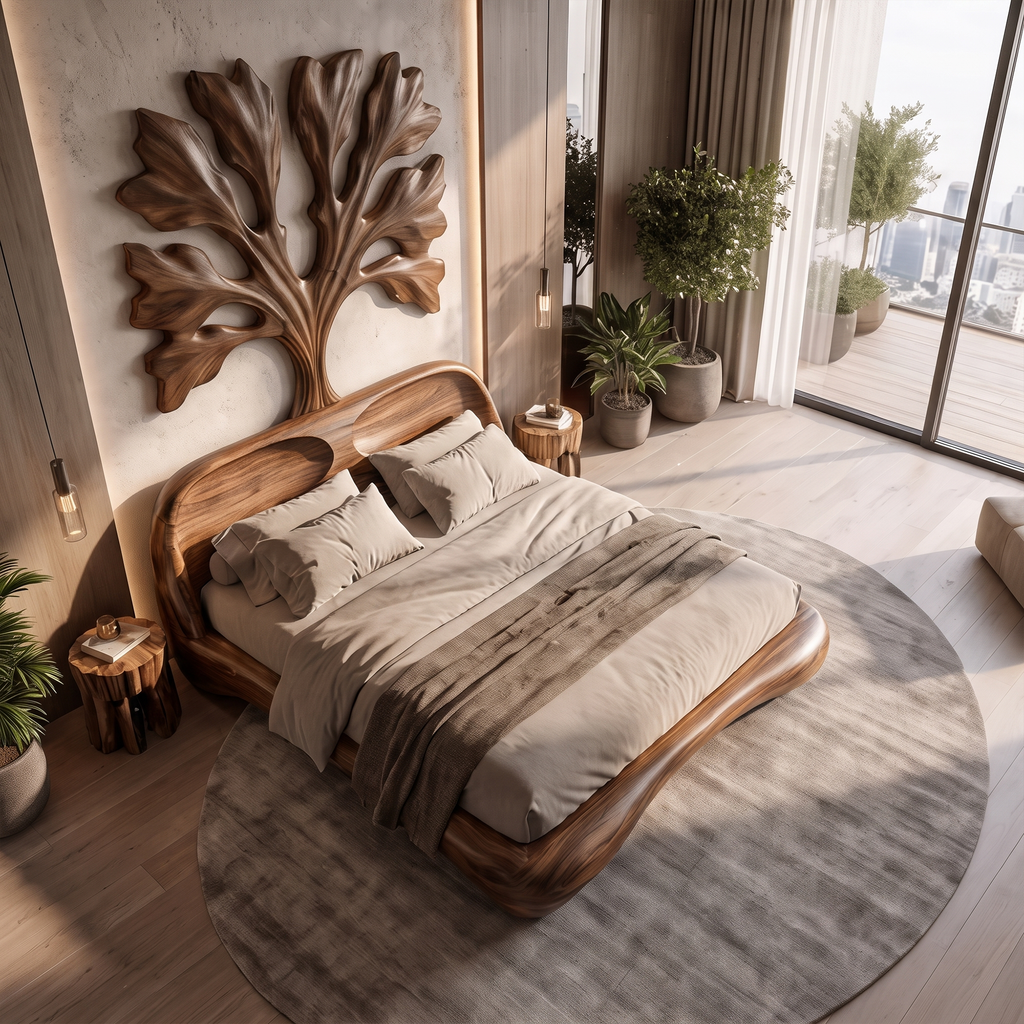 Organic Wooden Bed Frame With Artistic Tree Silhouette Headboard For Bedroom