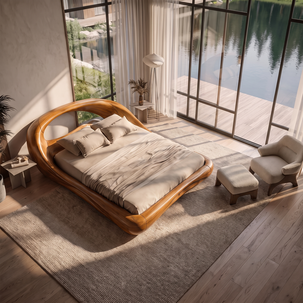 Modern King Bed Frame With Flowing Curved Headboard For Bedroom
