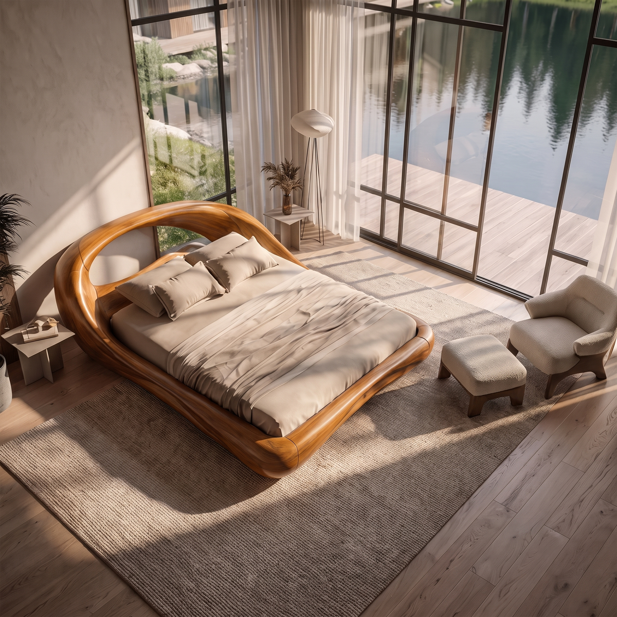 Modern King Bed Frame With Flowing Curved Headboard For Bedroom