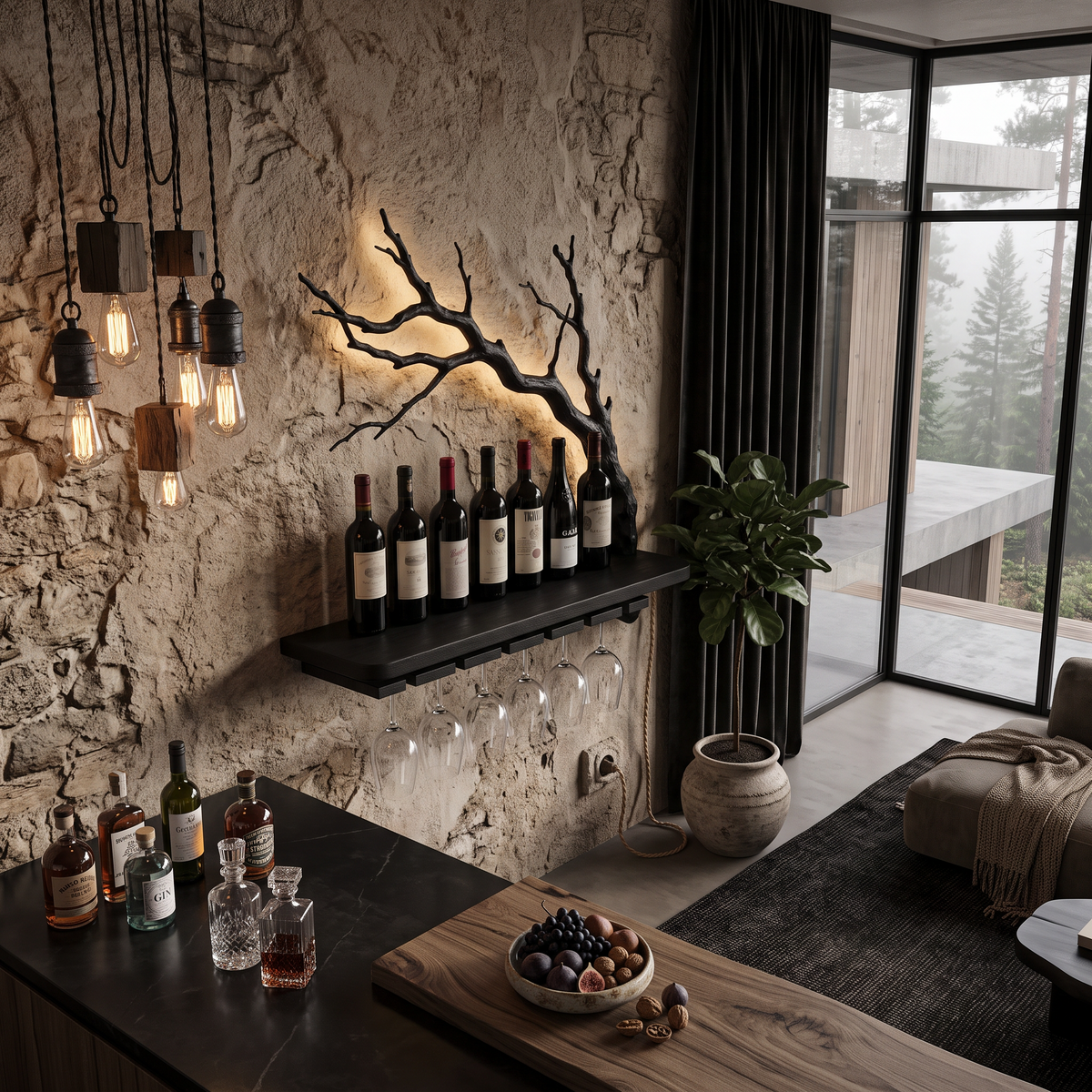 Rustic Wall Mounted Wine Rack With Wine Glass Holder For Dining Room And Home Bar