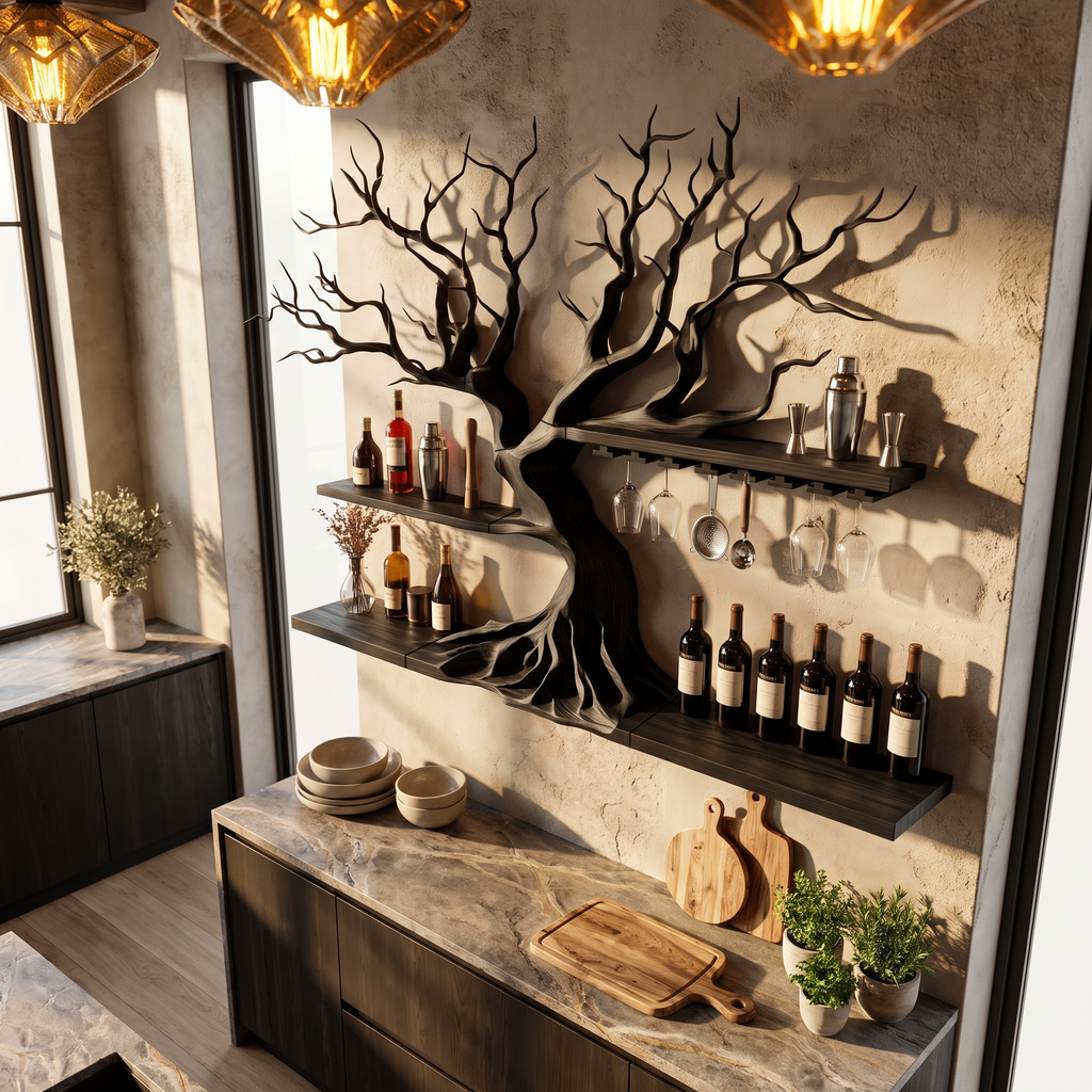 Modern Wooden Wine Rack With Sculptural Tree Frame For Kitchen And Dining Room