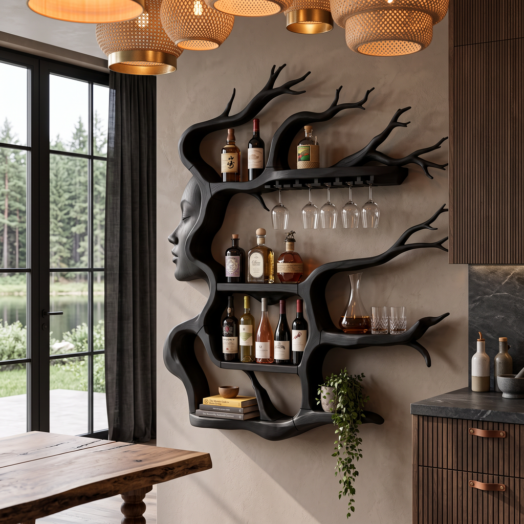 Contemporary Wall Mounted Wine Rack With Sculptural Face Tree Design For Dining Room