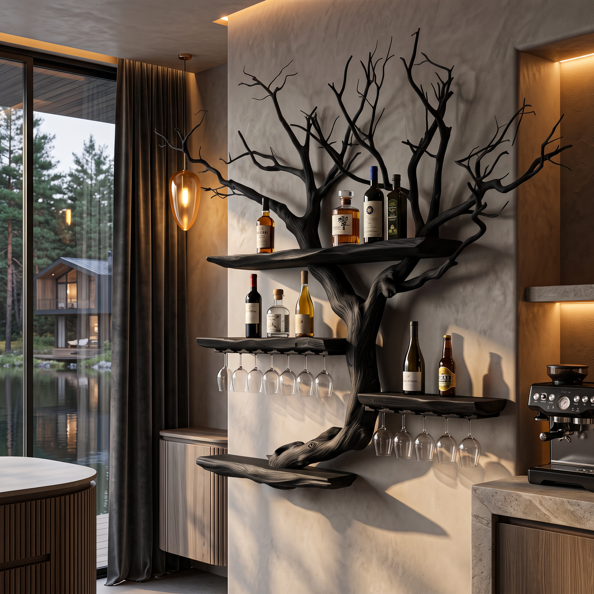 Organic Wine Storage Rack With Flowing Tree Limb Design For Dining Room