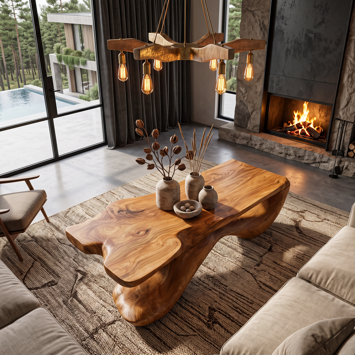 Wooden Coffee Table With Freeform Top Design For Living Room