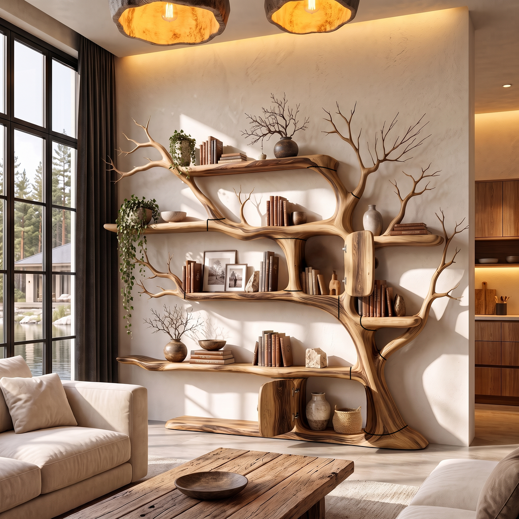 Rustic Wall Mounted Tree Bookshelf With Trunk Inspired Cabinet For Reading Room