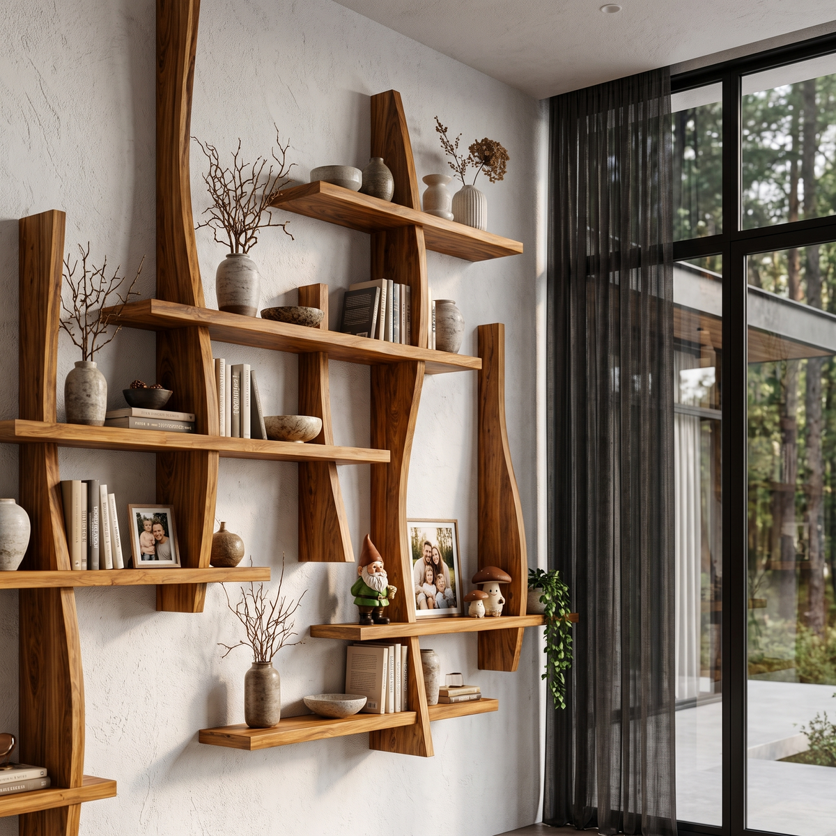 Rustic Floating Bookshelf With Layered Display Shelves For Home Library