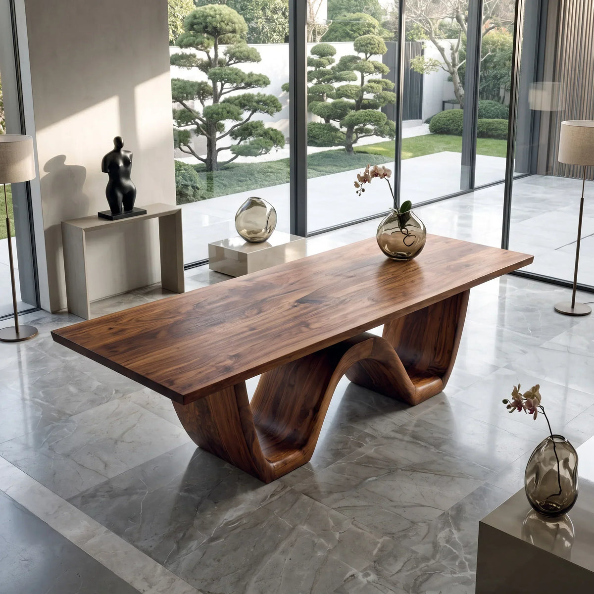 Contemporary Wooden Dining Table Sculptural Wave Base For Dining Room