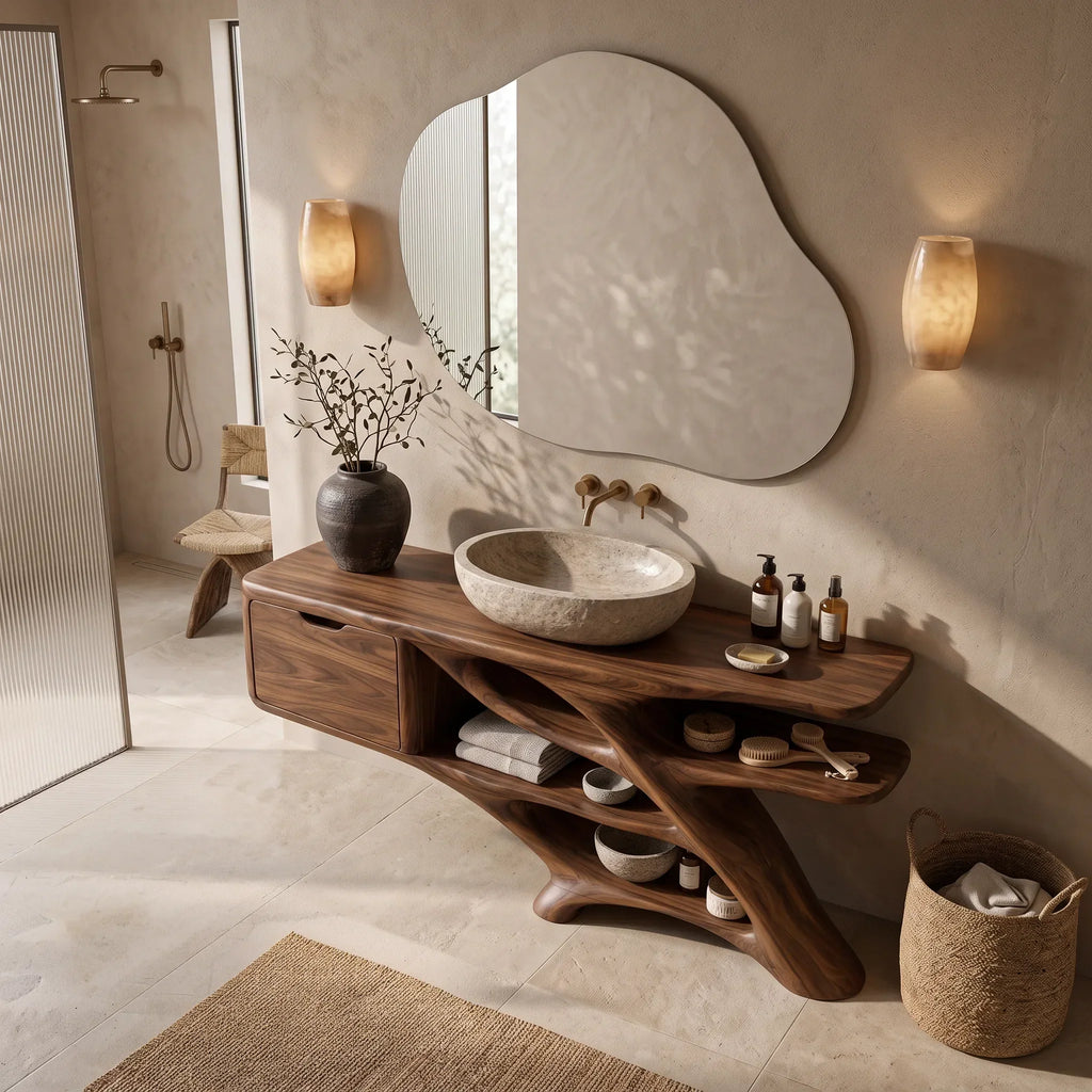 Sculptural Bathroom Vanity Branch Shelving With Cabinet For Designer Homes