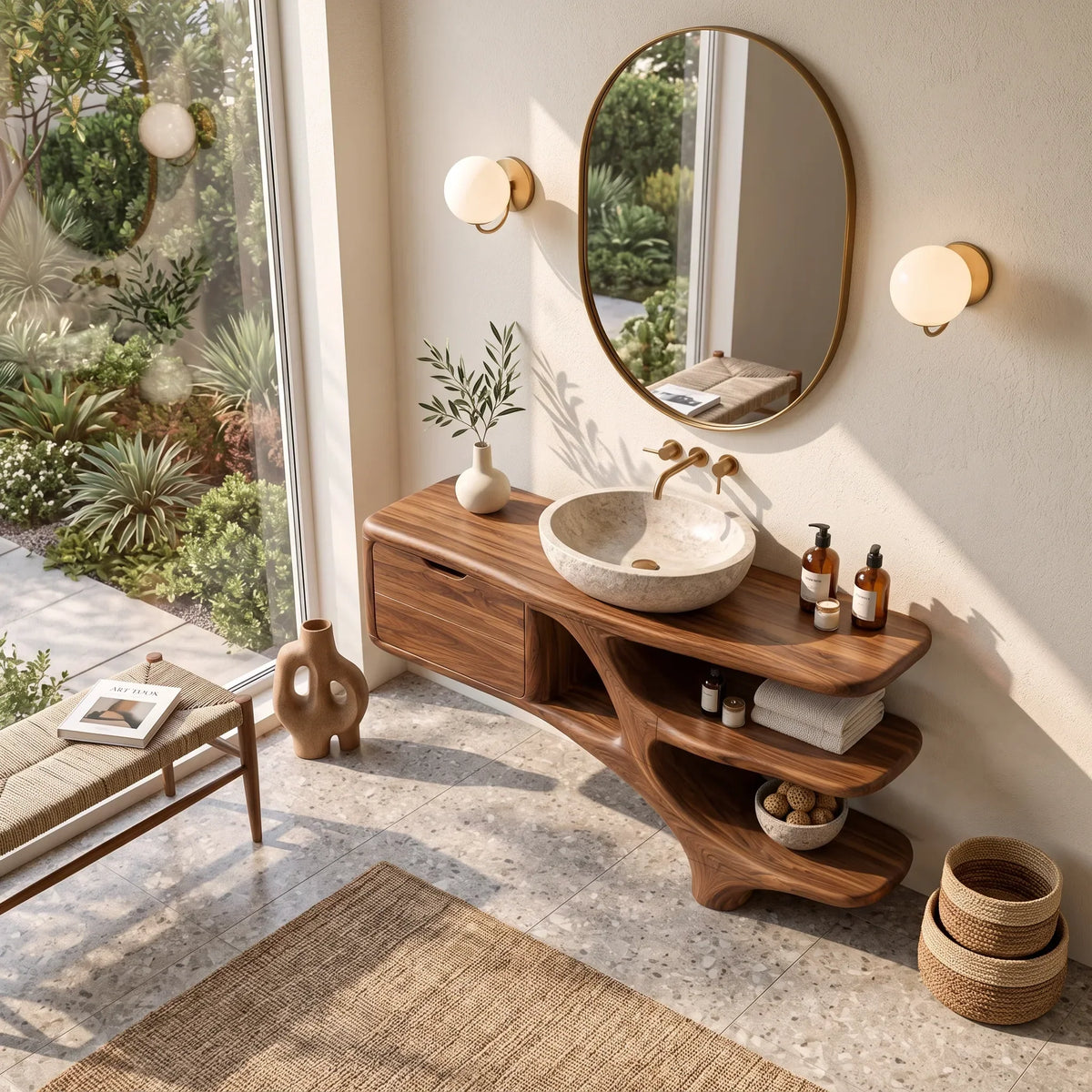 Contemporary Bathroom Vanity Curved Shelves With Cabinet For Modern Ensuite