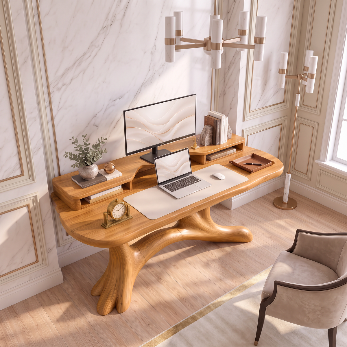 Scandinavian Corner Desk With Raised Monitor Stand For Home Office