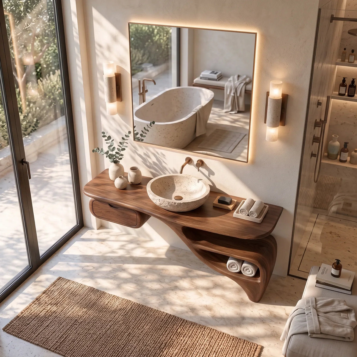 Sculptural Bathroom Vanity Flowing Shelves With Storage For Luxury Bathroom