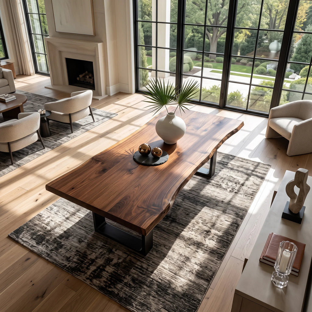 Rustic Natural Wood Dining Table U-Shaped Base For Dining Room