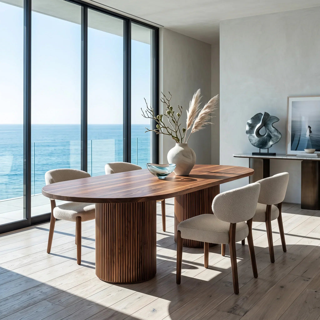 Contemporary Natural Wood Dining Table Fluted Pedestal For Dining Room