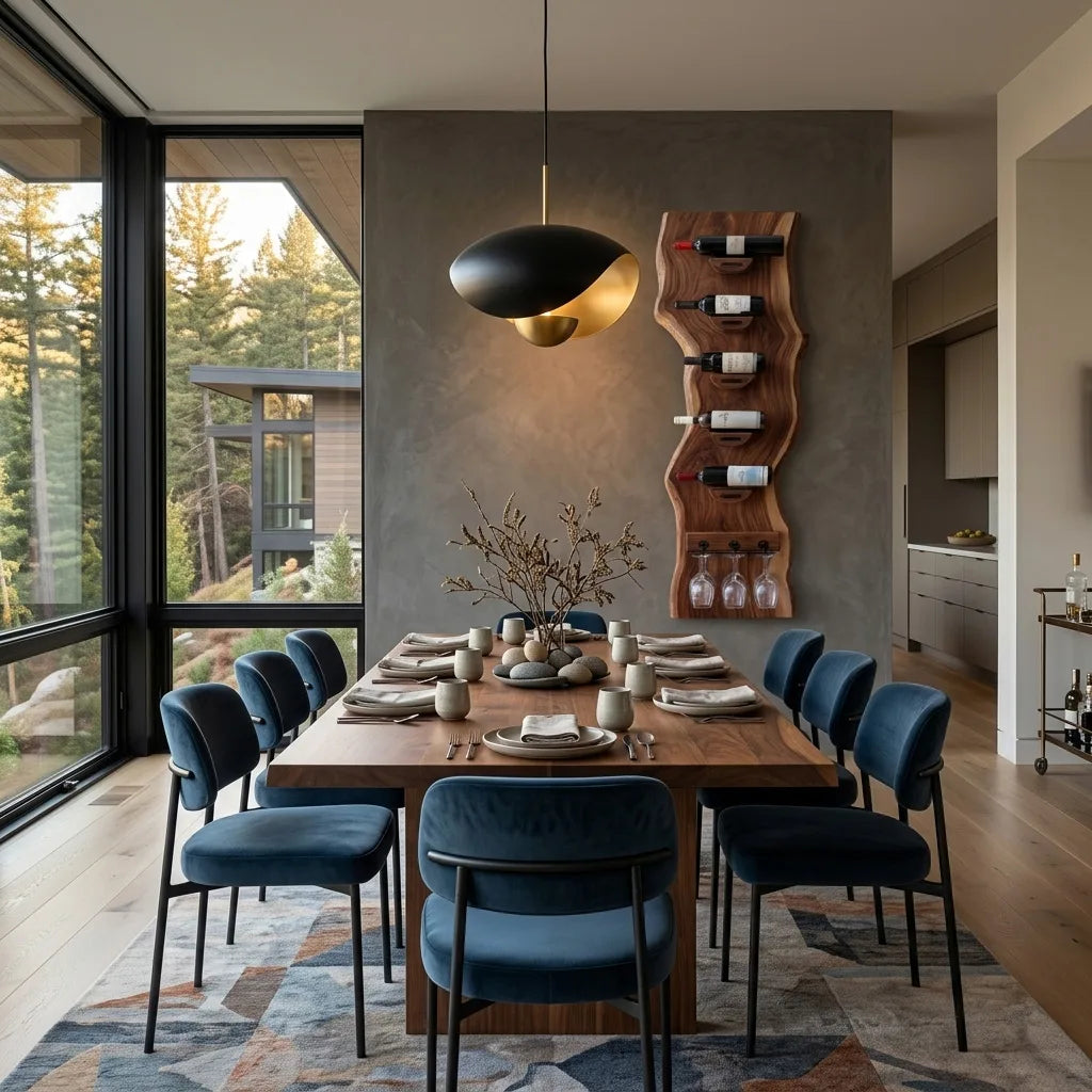 Contemporary Live Edge Wine Rack With Glass Holder For Dining Room
