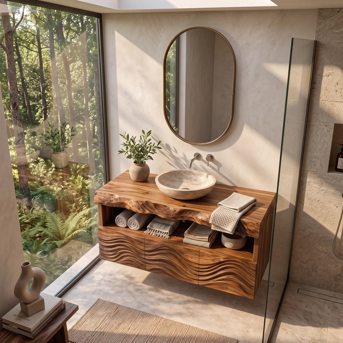 Contemporary Wall Mounted Bathroom Vanity Wave Carved Drawers For Ensuite