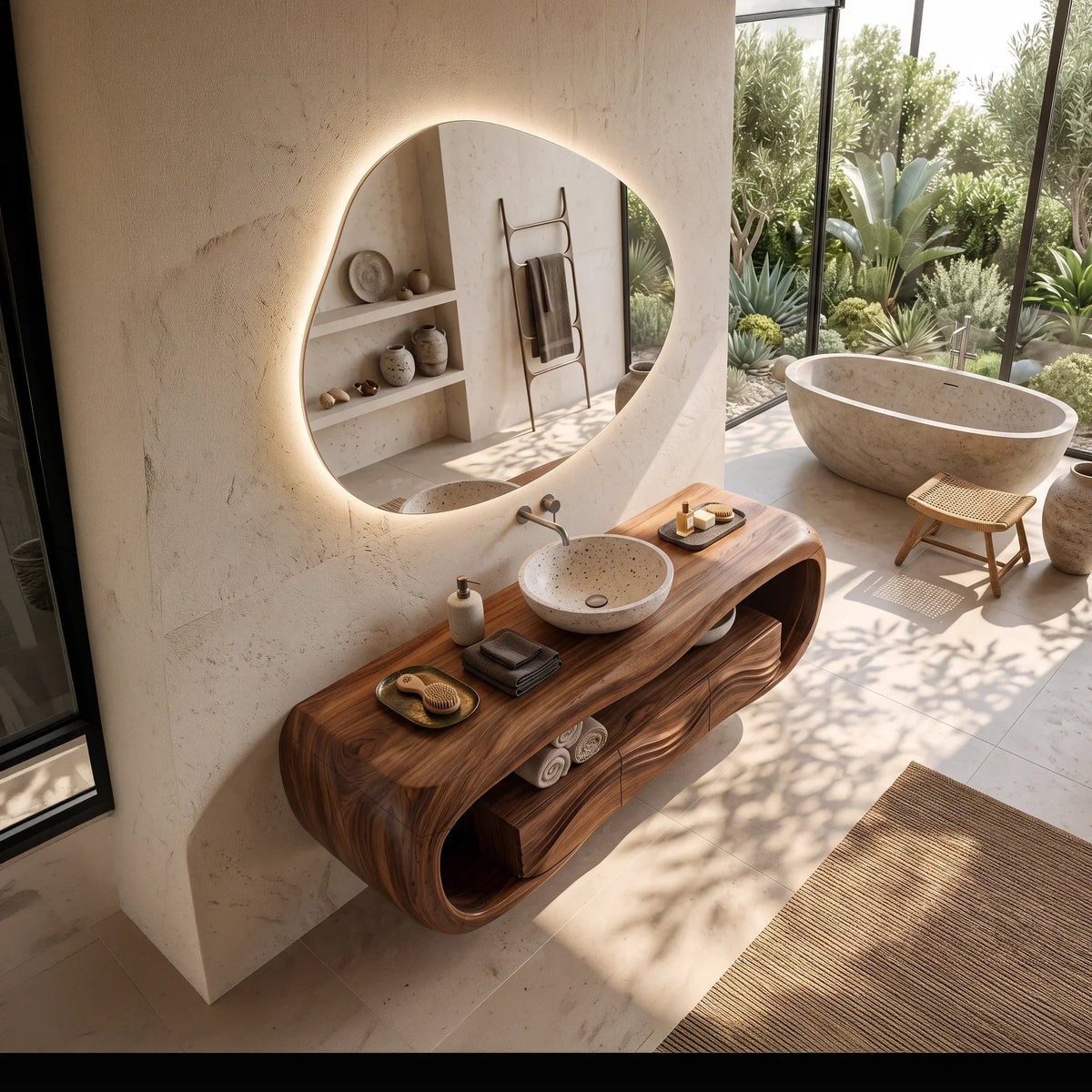 Sculptural Wall Mounted Bathroom Vanity Curved Shelves For Luxury Bathroom