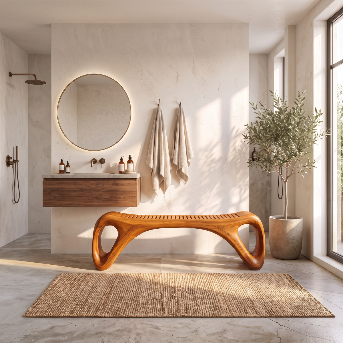 Mid Century Vanity Bench With Rounded Frame And Open Leg Detail For Bathroom