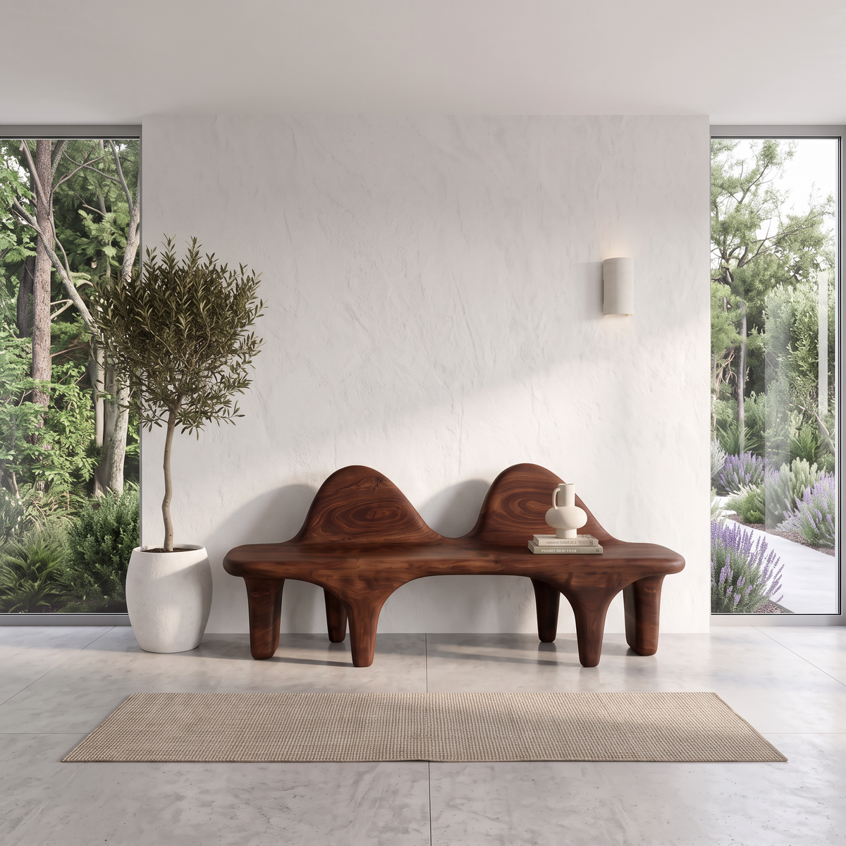 Organic Halloween Wooden Bench With Flowing Back Design For Entryway
