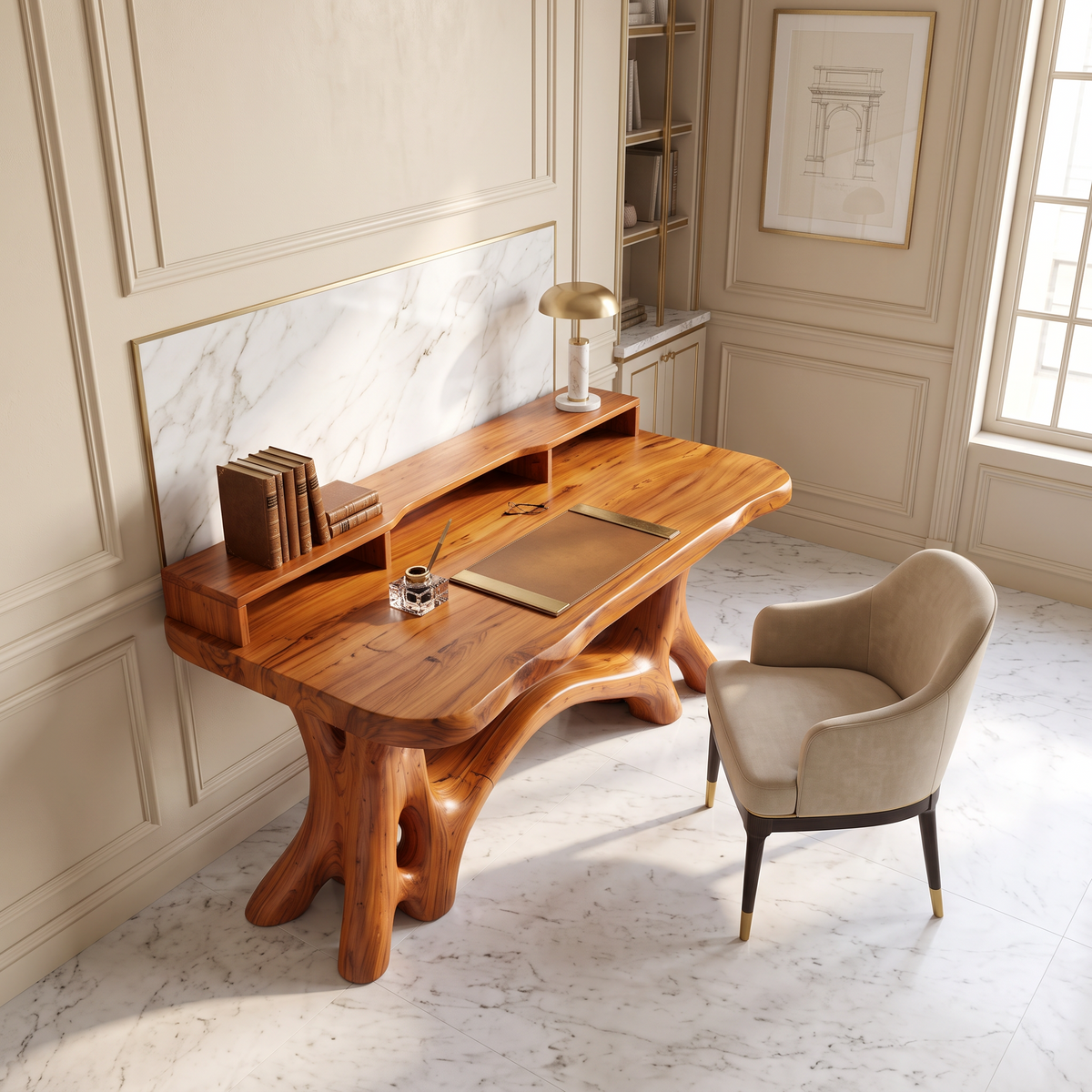 Natural Bookcase Desk With Tree Inspired Upper Storage For Study Room