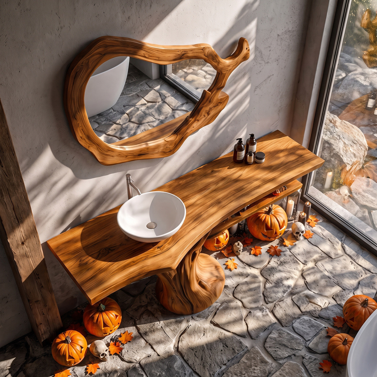 Natural Halloween Solid Wood Bathroom Vanity With Flowing Tree Form For Bathroom