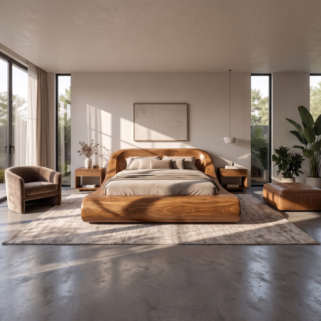 Contemporary Queen Bed Frame With Sculptural Rounded Frame For Bedroom