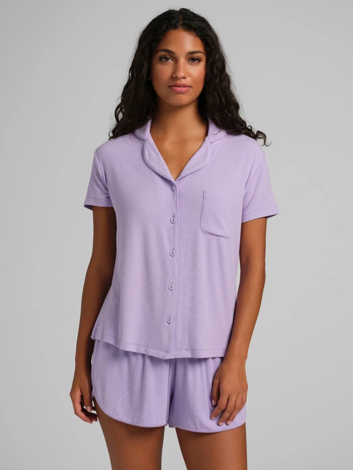 Ribbed Short-Sleeve Pajama Set - Black