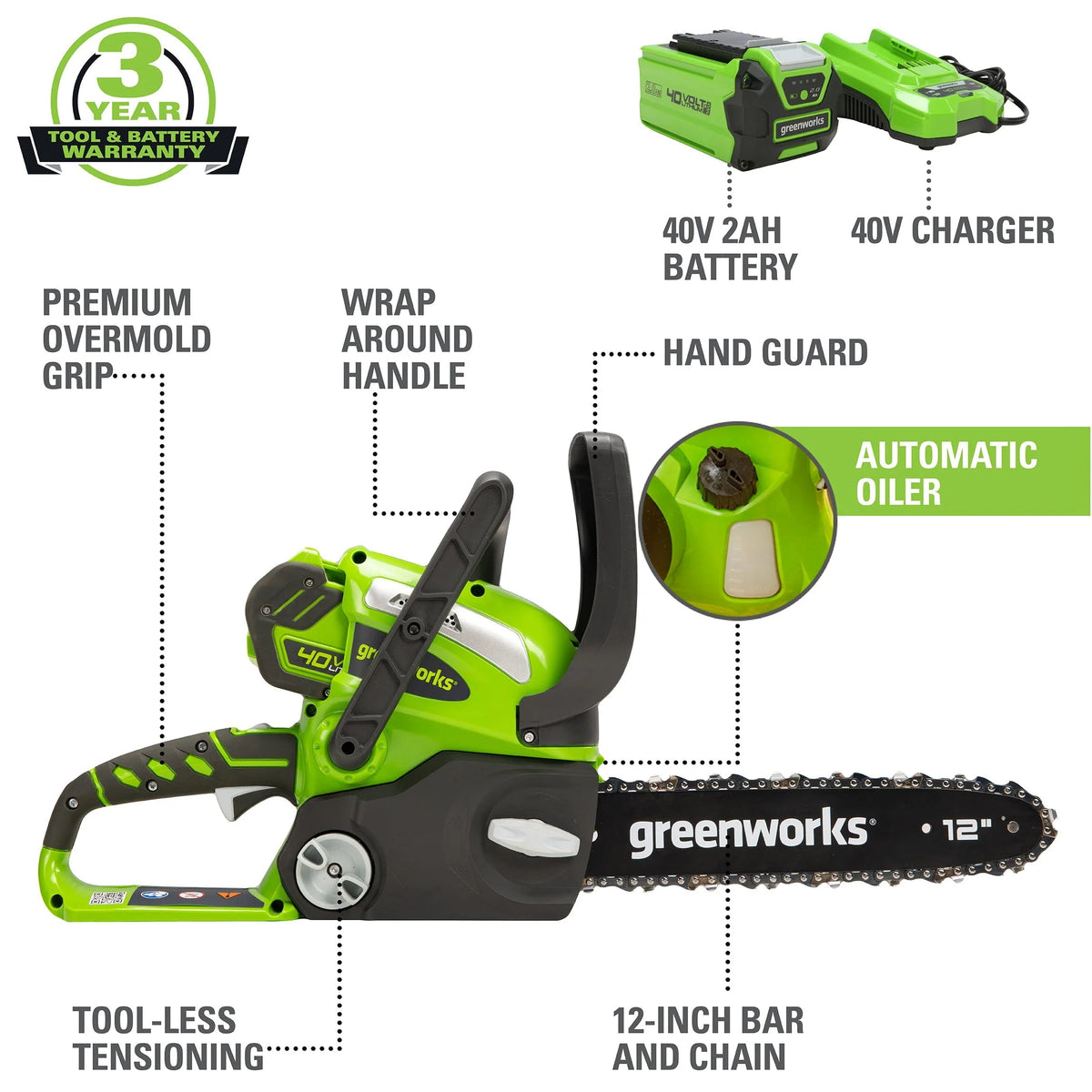 Greenworks 40V 12 in Cordless Chainsaw With 2.0 Ah Battery And Charger - 20262