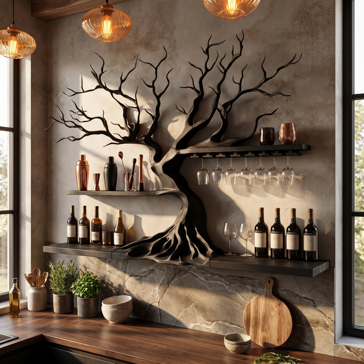 Modern Wooden Wine Rack With Sculptural Tree Frame For Kitchen And Dining Room