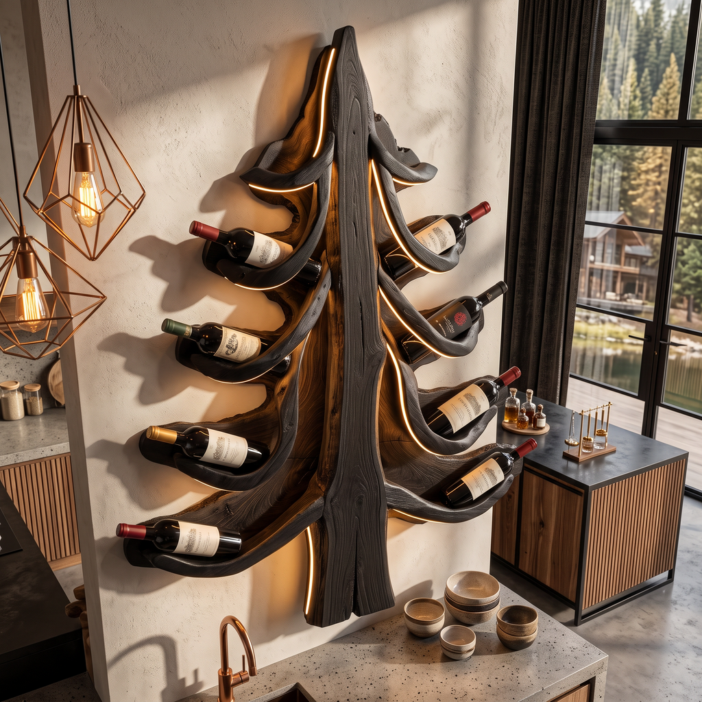 Modern Wine Display Rack With Sculptural Pine Tree Design For Home Bar