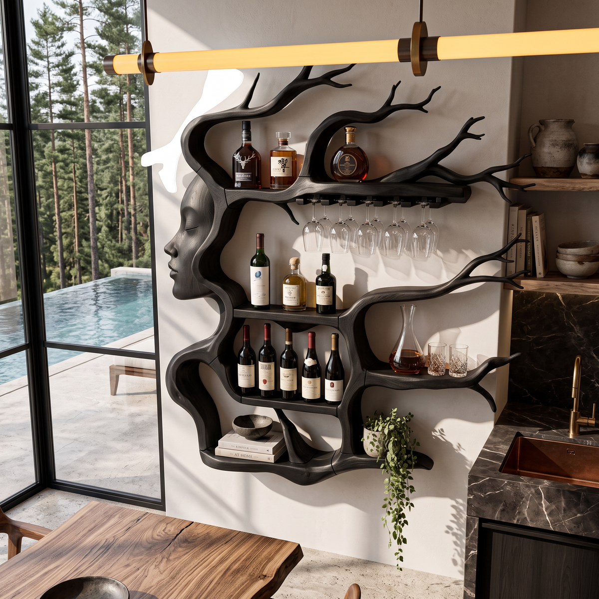 Contemporary Wall Mounted Wine Rack With Sculptural Face Tree Design For Dining Room