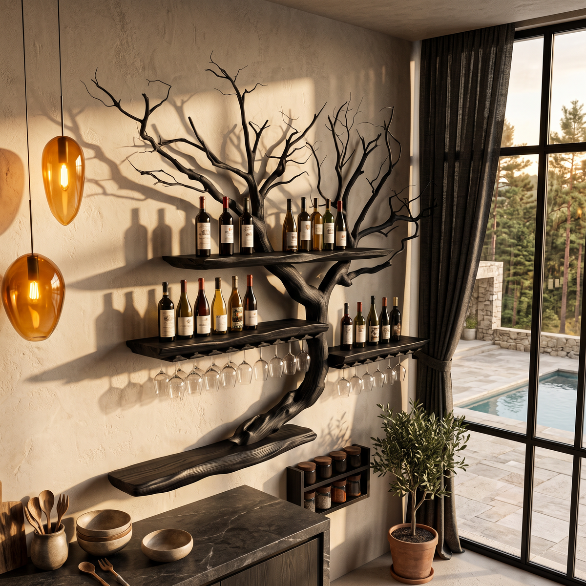 Organic Wine Storage Rack With Flowing Tree Limb Design For Dining Room