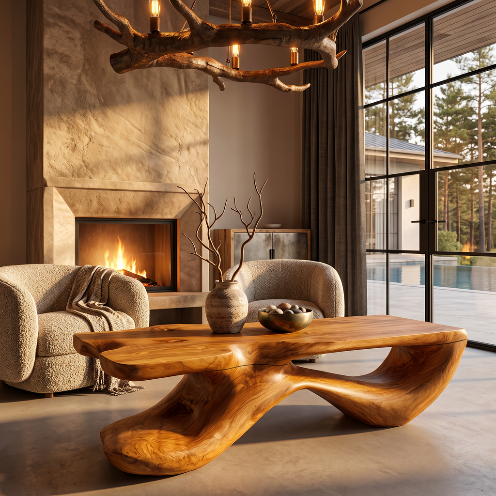 Wooden Coffee Table With Freeform Top Design For Living Room