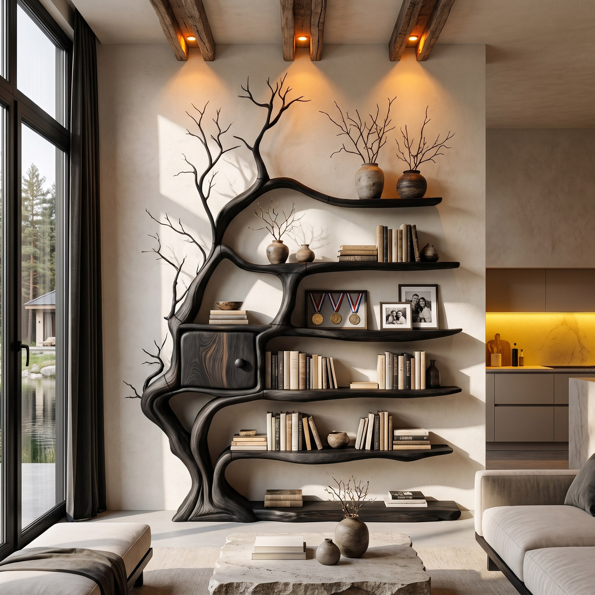 Modern Tree Bookshelf With Integrated Storage Cabinet For Living Room