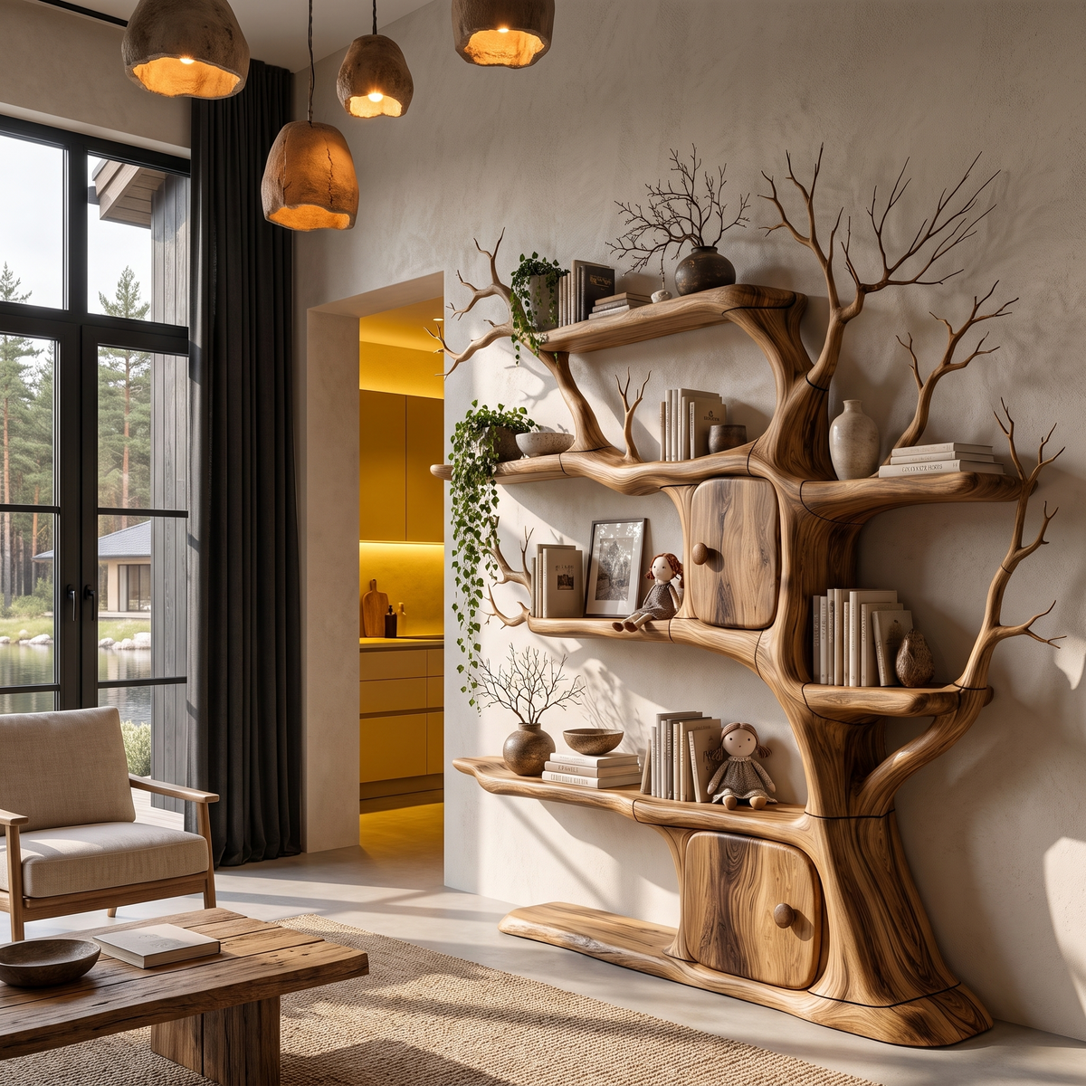 Rustic Wall Mounted Tree Bookshelf With Trunk Inspired Cabinet For Reading Room