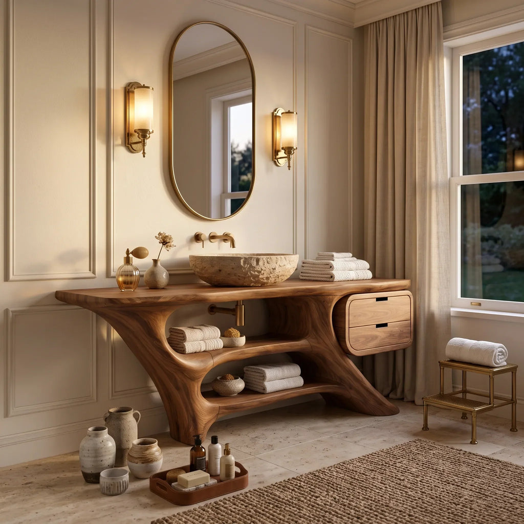 Sculptural Bathroom Vanity Flowing Shelves With Drawer For Modern Spaces