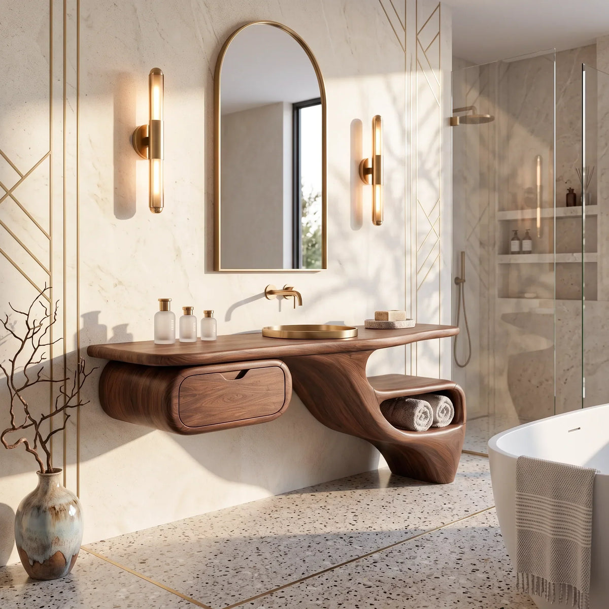 Sculptural Bathroom Vanity Flowing Shelves With Storage For Luxury Bathroom